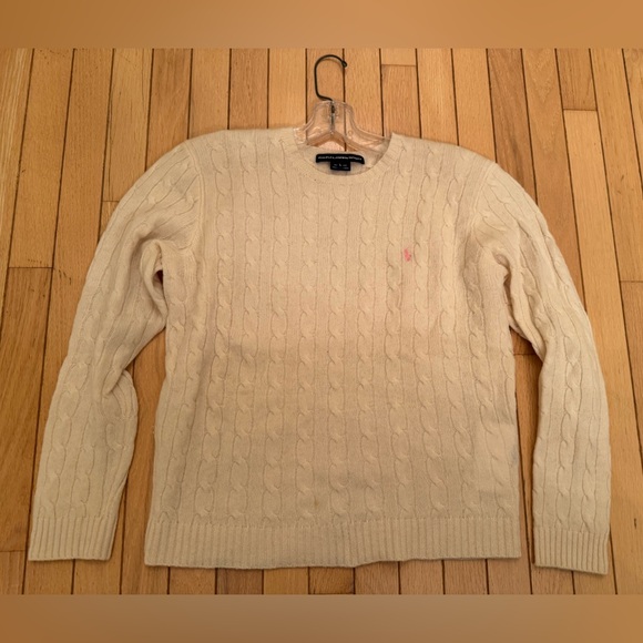 Ralph Lauren Sweaters - Ralph Lauren Sport Beige Cable Knit Crewneck Sweater Pink Logo Ladies Large  EUC